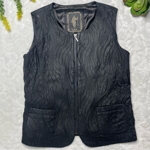 My Tribe Embroidered Leather Zip Front Sleeveless Vest in Black Womens Medium
